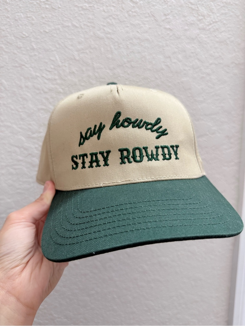 Stay Rowdy Embroidered Two-Tone Cap in Beige & Green